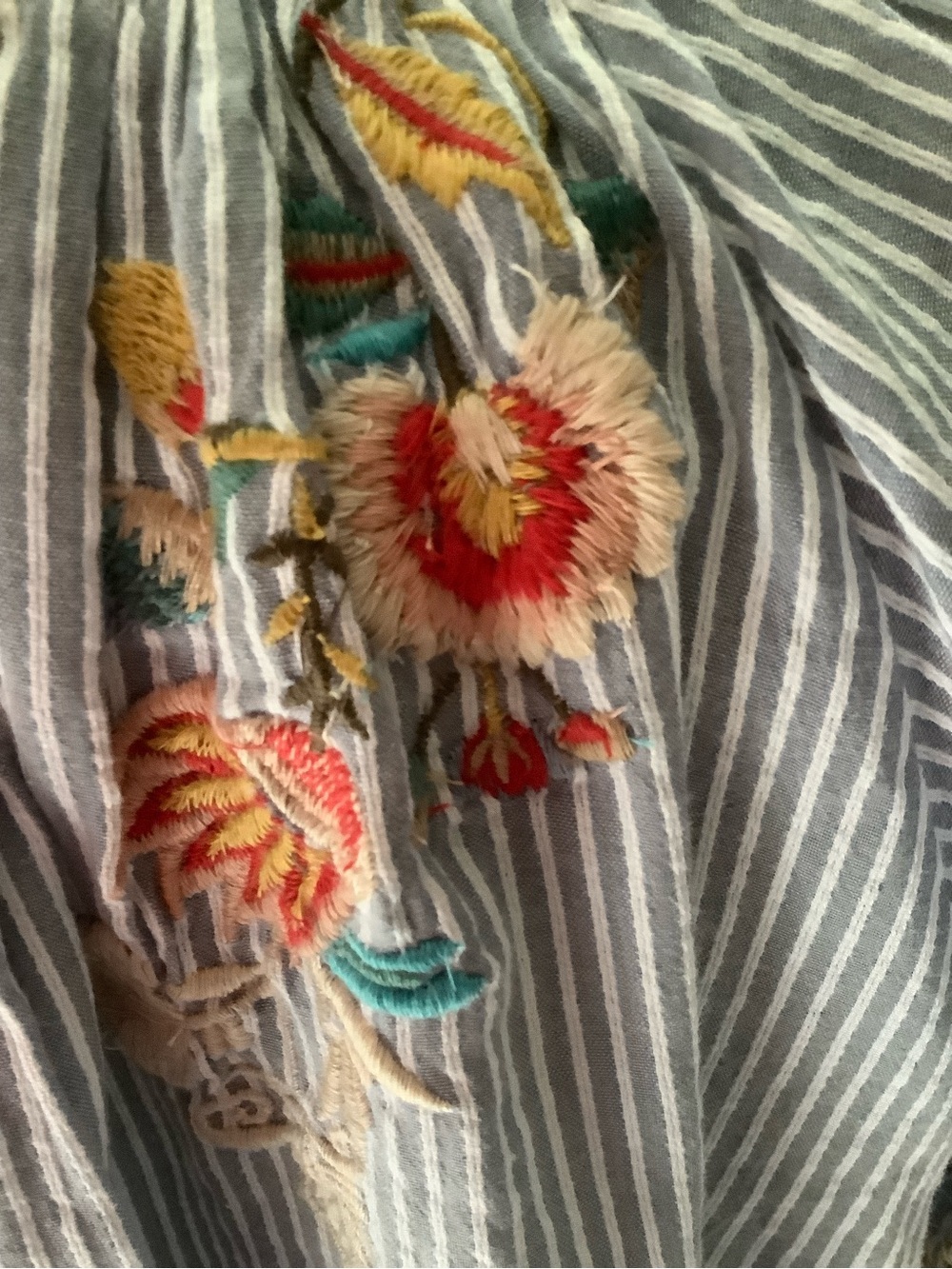 Blue Striped Embroidered Peasant Blouse with Red Tassels - Picture 8 of 14